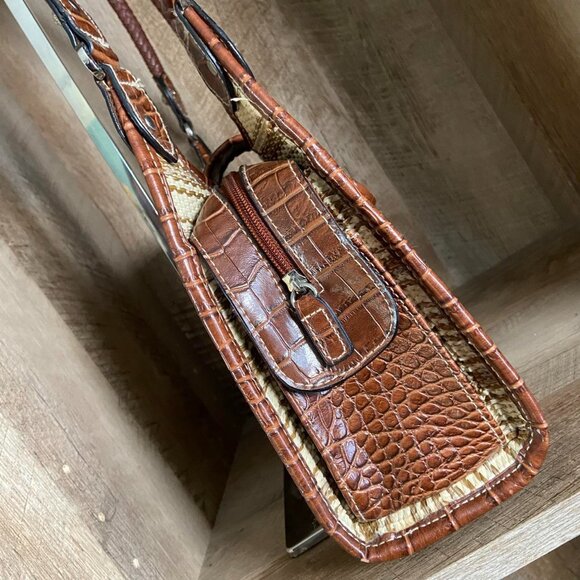 90s Vintage Hobo Shoulder Bag Purse Brown Woven Croc Embossed Western Boho - Picture 4 of 8